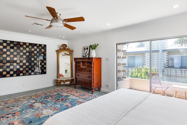 1245 S Orange Grove Blvd Unit 5, Pasadena, CA 91105 - bedroom with recessed lighting, ornamental molding, access to exterior, and ceiling fan
