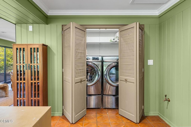 1245 S Orange Grove Blvd Unit 5, Pasadena, CA 91105 - washroom featuring ornamental molding, light tile patterned flooring, and washer and clothes dryer