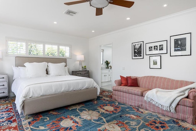 1245 S Orange Grove Blvd Unit 5, Pasadena, CA 91105 - bedroom with recessed lighting, crown molding, connected bathroom, and ceiling fan
