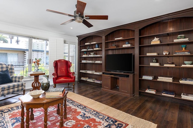 1245 S Orange Grove Blvd Unit 5, Pasadena, CA 91105 - living area with crown molding, a ceiling fan, dark wood-type flooring, and recessed lighting