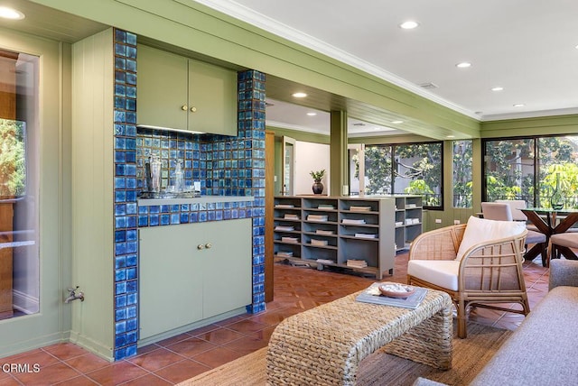 1245 S Orange Grove Blvd Unit 5, Pasadena, CA 91105 - living room with crown molding, recessed lighting, and tile patterned floors