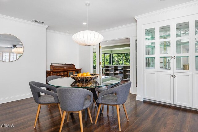 1245 S Orange Grove Blvd Unit 5, Pasadena, CA 91105 - dining room with dark wood-style floors, ornamental molding, recessed lighting, and a ceiling fan