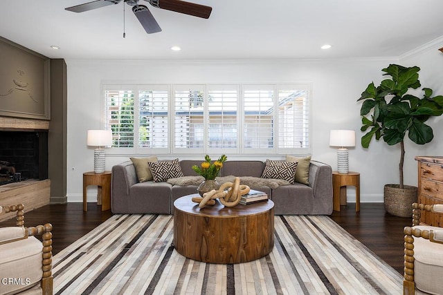 1245 S Orange Grove Blvd Unit 5, Pasadena, CA 91105 - living room with light wood finished floors, a ceiling fan, ornamental molding, a fireplace, and recessed lighting
