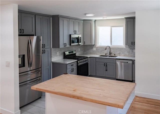 1522 N Benton Way, Los Angeles, CA 90026 - kitchen featuring stainless steel appliances, a sink, wood counters, and decorative backsplash
