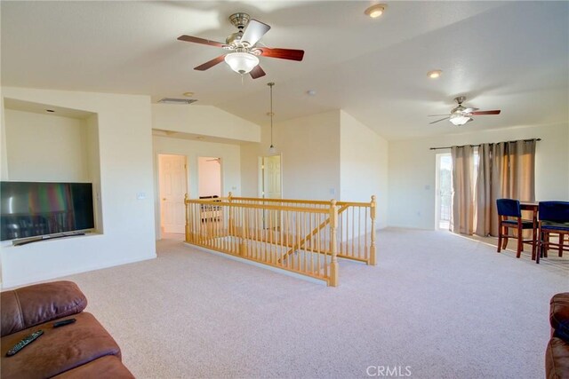 9713 Rastro Way, La Grange, CA 95329 - living room with ceiling fan, vaulted ceiling, and carpet