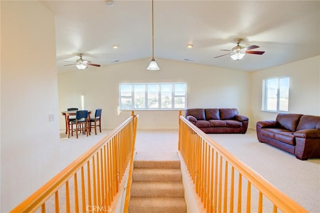 9713 Rastro Way, La Grange, CA 95329 - stairs featuring carpet floors, ceiling fan, vaulted ceiling, and baseboards