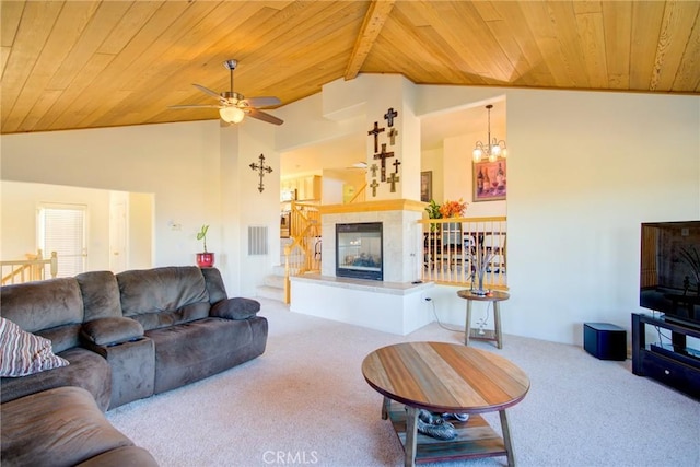 9713 Rastro Way, La Grange, CA 95329 - living area featuring wooden ceiling, vaulted ceiling, carpet, a chandelier, and a ceiling fan