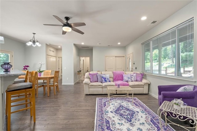 14868 Hickok Ct, Magalia, CA 95954 - living area with wood finished floors, baseboards, ceiling fan, recessed lighting, and a chandelier