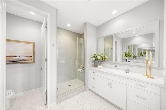 149 Carmine, Irvine, CA 92618 - full bath featuring vanity, a stall shower, toilet, tile patterned flooring, and recessed lighting