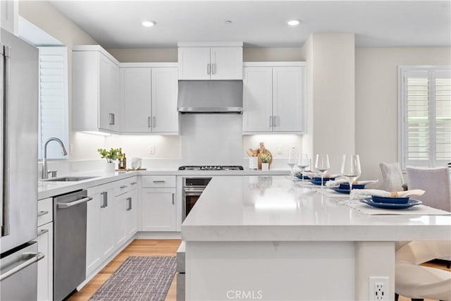 25 Splendor Way, Rancho Mission Viejo, CA 92694 - kitchen with range hood, appliances with stainless steel finishes, a kitchen island, a sink, and light countertops