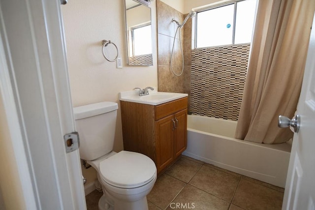 58382 Sunny Sands Dr, Yucca Valley, CA 92284 - bathroom with shower / tub combo with curtain, toilet, vanity, and tile patterned floors