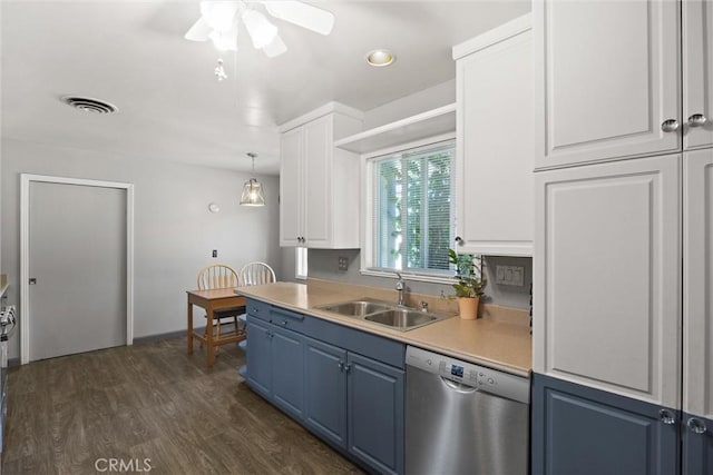 4436 County Road M 1/2, Orland, CA 95963 - kitchen with stainless steel dishwasher, a sink, blue cabinets, white cabinets, and a ceiling fan
