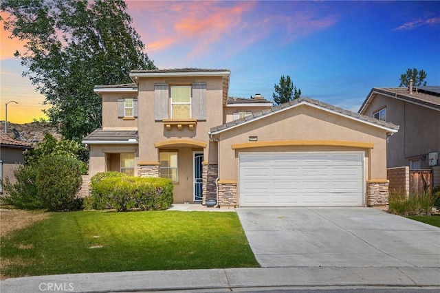 29778 Salmon St, Menifee, CA 92584 - view of front of property featuring stucco siding, stone siding, driveway, a front yard, and an attached garage