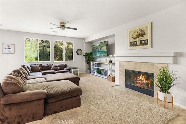 29778 Salmon St, Menifee, CA 92584 - living room with ceiling fan, a tile fireplace, and baseboards