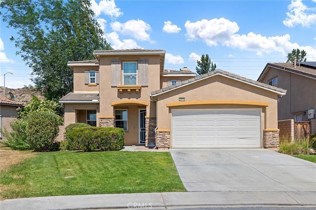 29778 Salmon St, Menifee, CA 92584 - view of front of property featuring stucco siding, driveway, stone siding, a front yard, and a garage