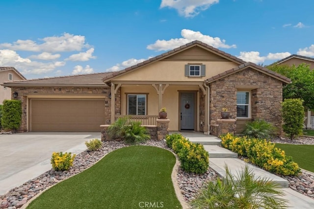 25863 Prospector Ct, Menifee, CA 92584 - view of front of home featuring driveway, stone siding, a porch, an attached garage, and stucco siding