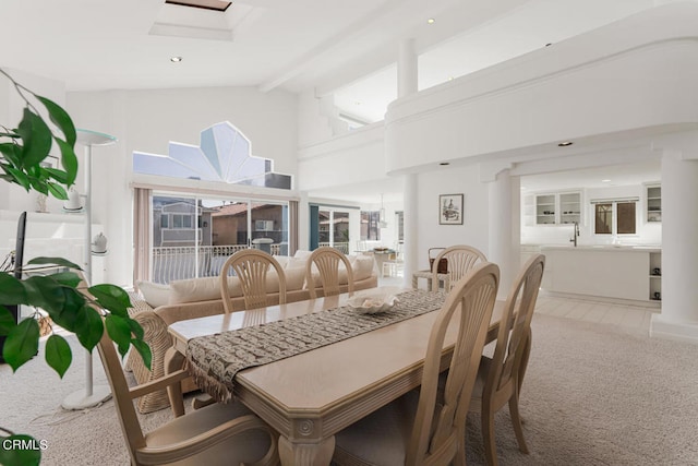 5331 Wavecrest Way, Oxnard, CA 93035 - dining room featuring carpet floors, healthy amount of natural light, high vaulted ceiling, and beamed ceiling