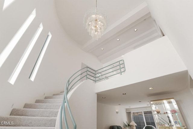 5331 Wavecrest Way, Oxnard, CA 93035 - staircase featuring a high ceiling, a chandelier, recessed lighting, and healthy amount of natural light