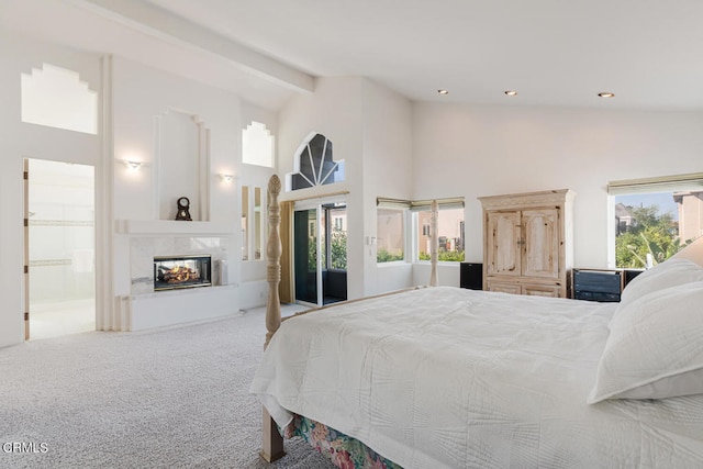 5331 Wavecrest Way, Oxnard, CA 93035 - bedroom with carpet floors, high vaulted ceiling, recessed lighting, and a multi sided fireplace