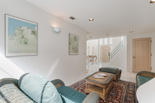 5331 Wavecrest Way, Oxnard, CA 93035 - living area with recessed lighting, stairs, light marble finish floors, and baseboards