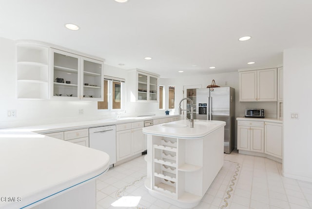 5331 Wavecrest Way, Oxnard, CA 93035 - kitchen with open shelves, dishwasher, stainless steel fridge, a sink, and recessed lighting
