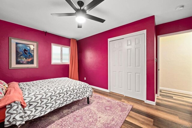 169 Theresa Way, Chula Vista, CA 91911 - bedroom with wood finished floors, a closet, ceiling fan, and baseboards