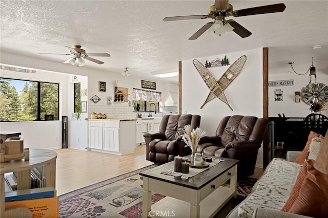 26249 Cedar Ln, Twin Peaks, CA 92391 - living area with a ceiling fan, light wood-style floors, and a textured ceiling