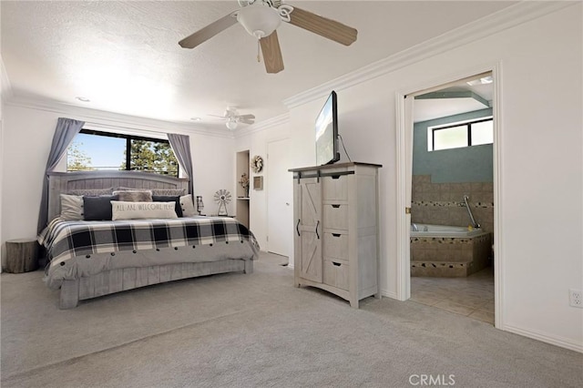 26249 Cedar Ln, Twin Peaks, CA 92391 - carpeted bedroom featuring multiple windows, ornamental molding, ensuite bath, ceiling fan, and baseboards