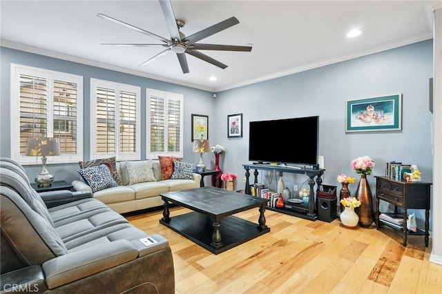 22124 Barrington Way, Saugus, CA 91350 - living room with a ceiling fan, wood finished floors, crown molding, and recessed lighting