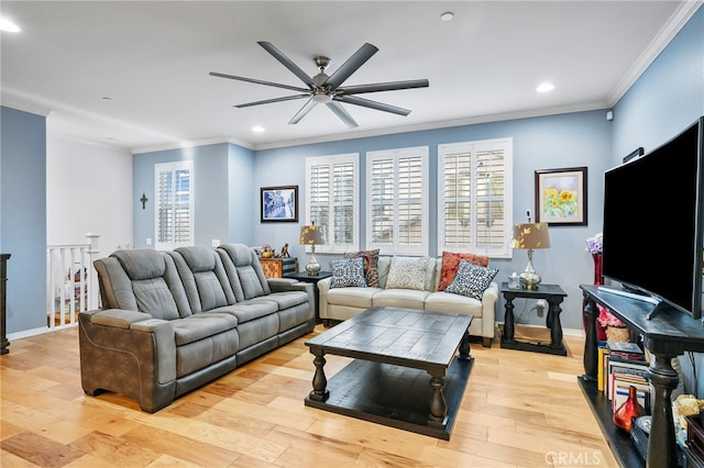 22124 Barrington Way, Saugus, CA 91350 - living area featuring ceiling fan, crown molding, recessed lighting, light wood-style floors, and baseboards