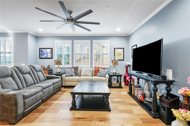 22124 Barrington Way, Saugus, CA 91350 - living area featuring a ceiling fan, light wood-style floors, crown molding, recessed lighting, and baseboards