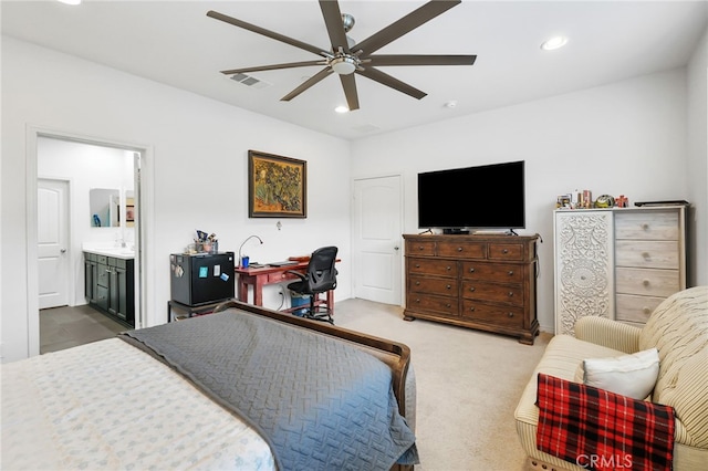 22124 Barrington Way, Saugus, CA 91350 - bedroom with recessed lighting, a ceiling fan, ensuite bathroom, and carpet floors