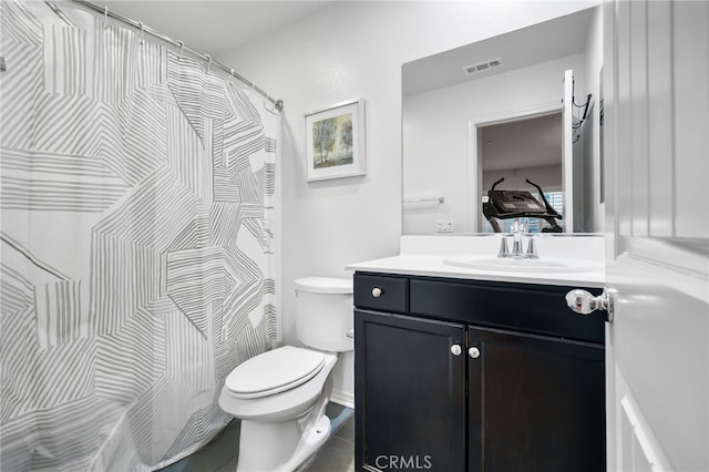 22124 Barrington Way, Saugus, CA 91350 - bathroom with toilet, vanity, tile patterned flooring, and curtained shower