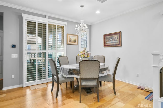 22124 Barrington Way, Saugus, CA 91350 - dining space featuring a chandelier, light wood-style floors, baseboards, recessed lighting, and crown molding