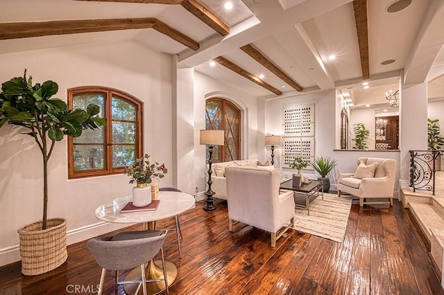 31742 Contijo Way, Coto De Caza, CA 92679 - living room with beamed ceiling, dark wood-style flooring, baseboards, and recessed lighting