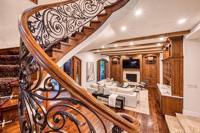 31742 Contijo Way, Coto De Caza, CA 92679 - staircase with wood-type flooring, recessed lighting, a premium fireplace, and baseboards