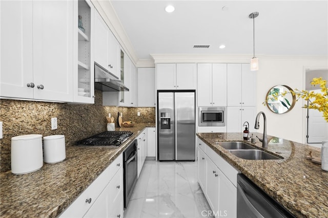 84 Plum Feather, Irvine, CA 92620 - kitchen featuring appliances with stainless steel finishes, a sink, under cabinet range hood, light marble finish floors, and white cabinetry