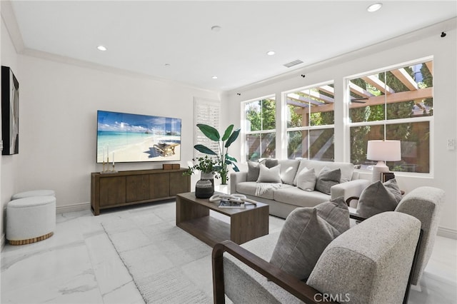 84 Plum Feather, Irvine, CA 92620 - living area with light marble finish floors, recessed lighting, and baseboards