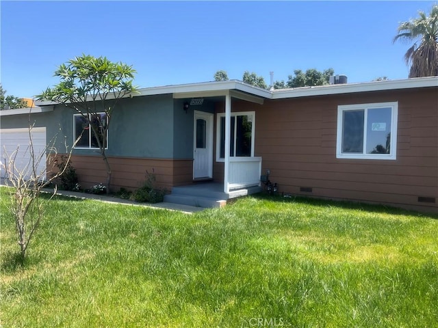 12055 Mount Vernon Ave, Grand Terrace, CA 92313 - single story home with crawl space, a front yard, and an attached garage