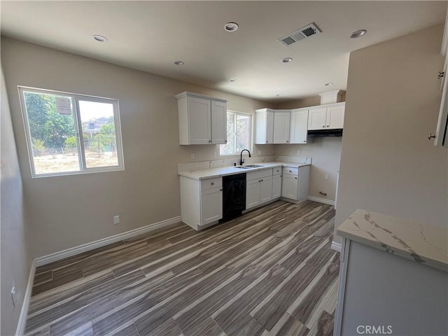 12055 Mount Vernon Ave, Grand Terrace, CA 92313 - kitchen featuring black dishwasher, baseboards, wood finished floors, recessed lighting, and white cabinetry