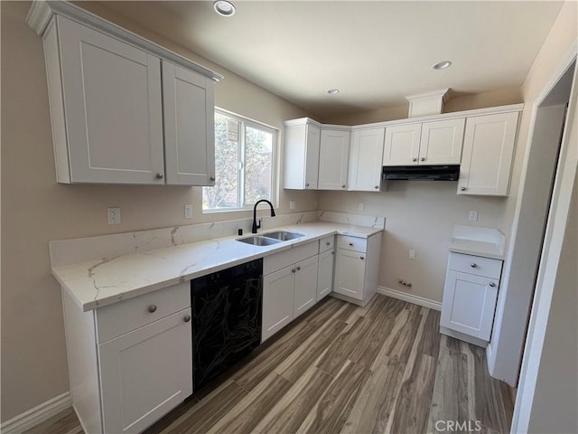 12055 Mount Vernon Ave, Grand Terrace, CA 92313 - kitchen featuring a sink, dishwasher, light wood finished floors, under cabinet range hood, and baseboards