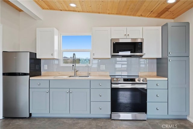 57628 Pine St, Landers, CA 92285 - kitchen with stainless steel appliances, a sink, wooden ceiling, concrete floors, and lofted ceiling