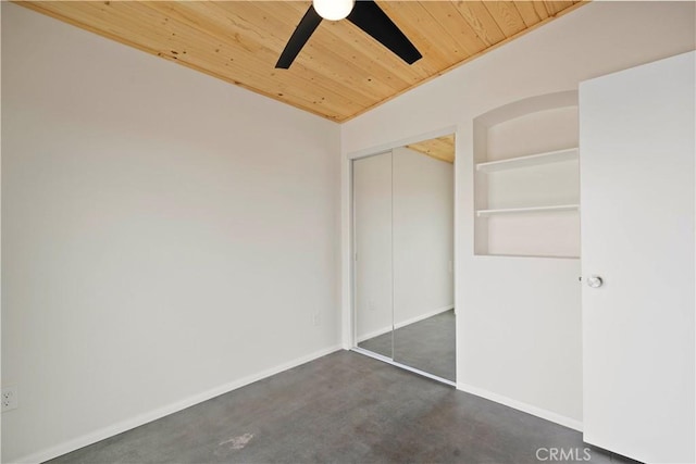 57628 Pine St, Landers, CA 92285 - unfurnished bedroom featuring wooden ceiling, a closet, vaulted ceiling, ceiling fan, and baseboards