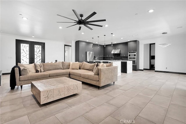 14258 Crow Rd, Apple Valley, CA 92307 - living room with recessed lighting, ceiling fan, crown molding, baseboards, and french doors
