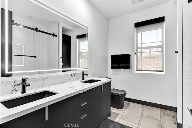 14258 Crow Rd, Apple Valley, CA 92307 - full bath featuring plenty of natural light, double vanity, toilet, and a shower stall