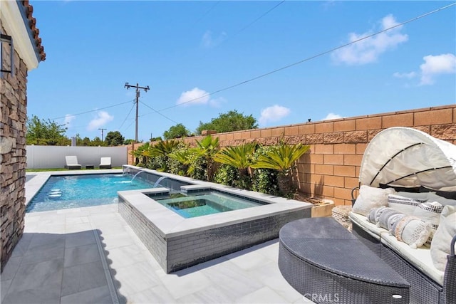14258 Crow Rd, Apple Valley, CA 92307 - view of swimming pool with a fenced backyard, a pool with connected hot tub, and a patio