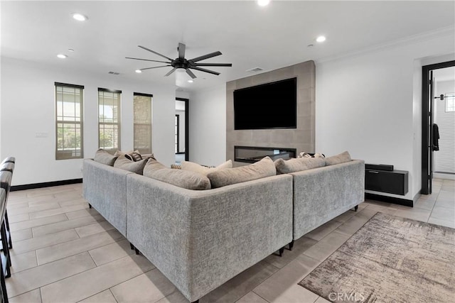 14258 Crow Rd, Apple Valley, CA 92307 - living area featuring ceiling fan, recessed lighting, baseboards, crown molding, and light tile patterned floors