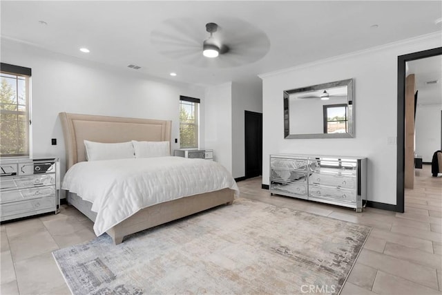 14258 Crow Rd, Apple Valley, CA 92307 - bedroom with light tile patterned flooring, ornamental molding, recessed lighting, ceiling fan, and baseboards