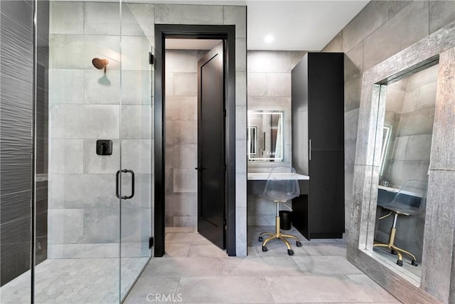 14258 Crow Rd, Apple Valley, CA 92307 - bathroom with a shower stall and tile walls
