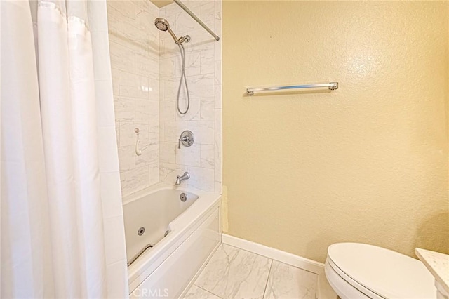 1130 Whitewater Dr Unit 263, Fullerton, CA 92833 - bathroom with shower / bathtub combination with curtain, baseboards, marble finish flooring, toilet, and a textured wall